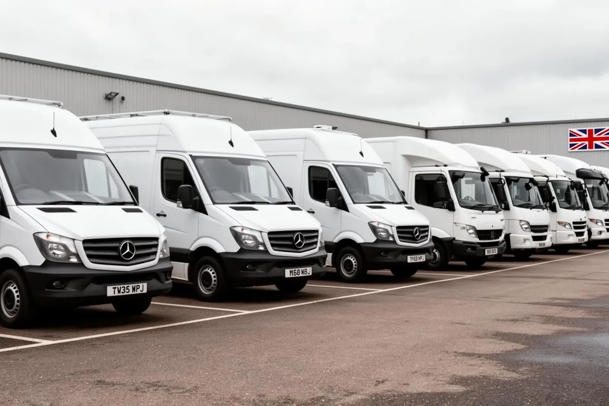 A row of white vans and lorries parked outside a depot